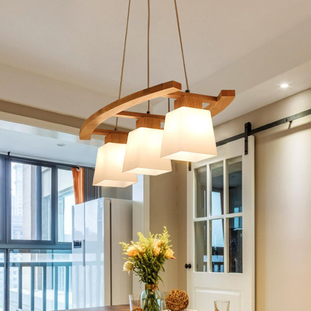 Wood and Glass Geometric Pendant Island Ceiling Light Image - 4