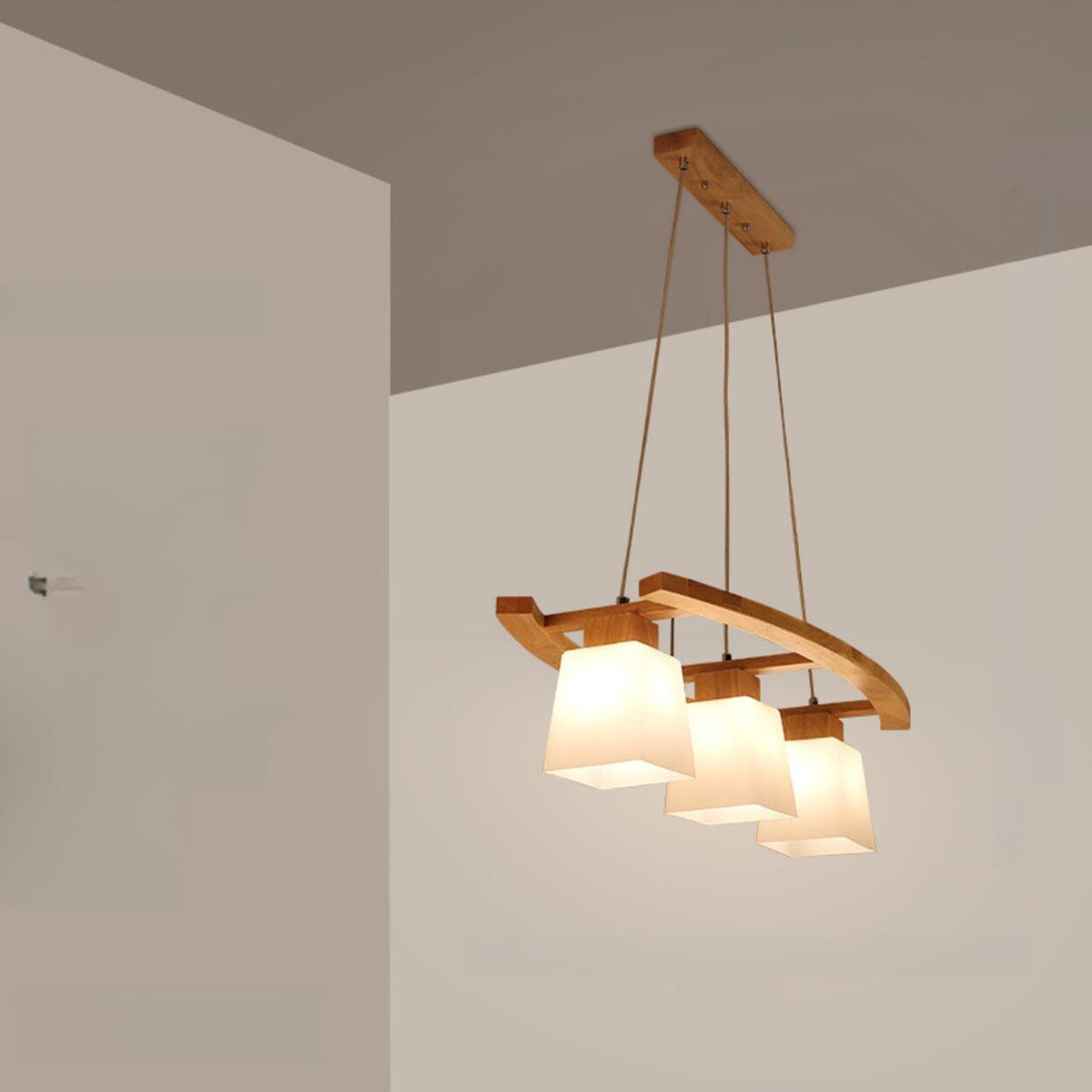 Wood and Glass Geometric Pendant Island Ceiling Light Image - 6