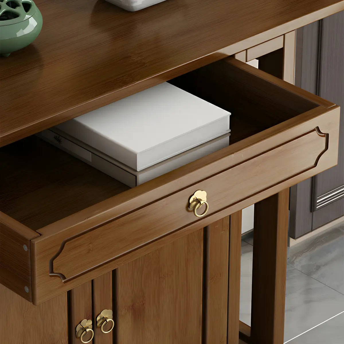 Wood Brown Drawer Storage Console Table with Floor Shelf Image - 10