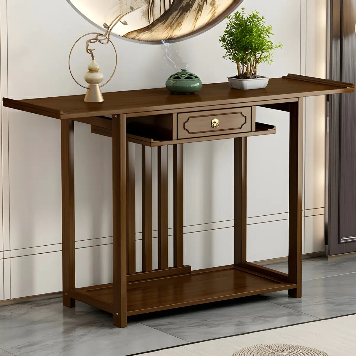 Wood Brown Drawer Storage Console Table with Floor Shelf Image - 3