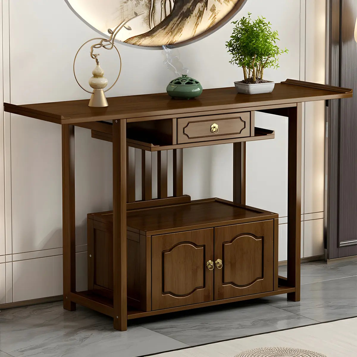 Wood Brown Drawer Storage Console Table with Floor Shelf Image - 5