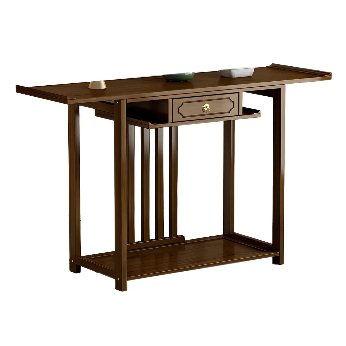 Wood Brown Drawer Storage Console Table with Floor Shelf Image - 8