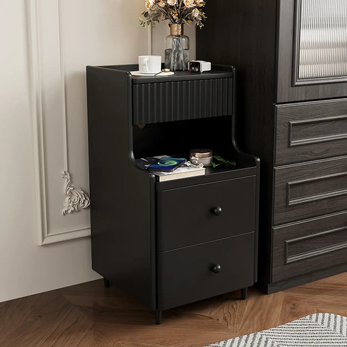 Wood Cabinets Storage Nightstand with Legs and Shelves Image - 4