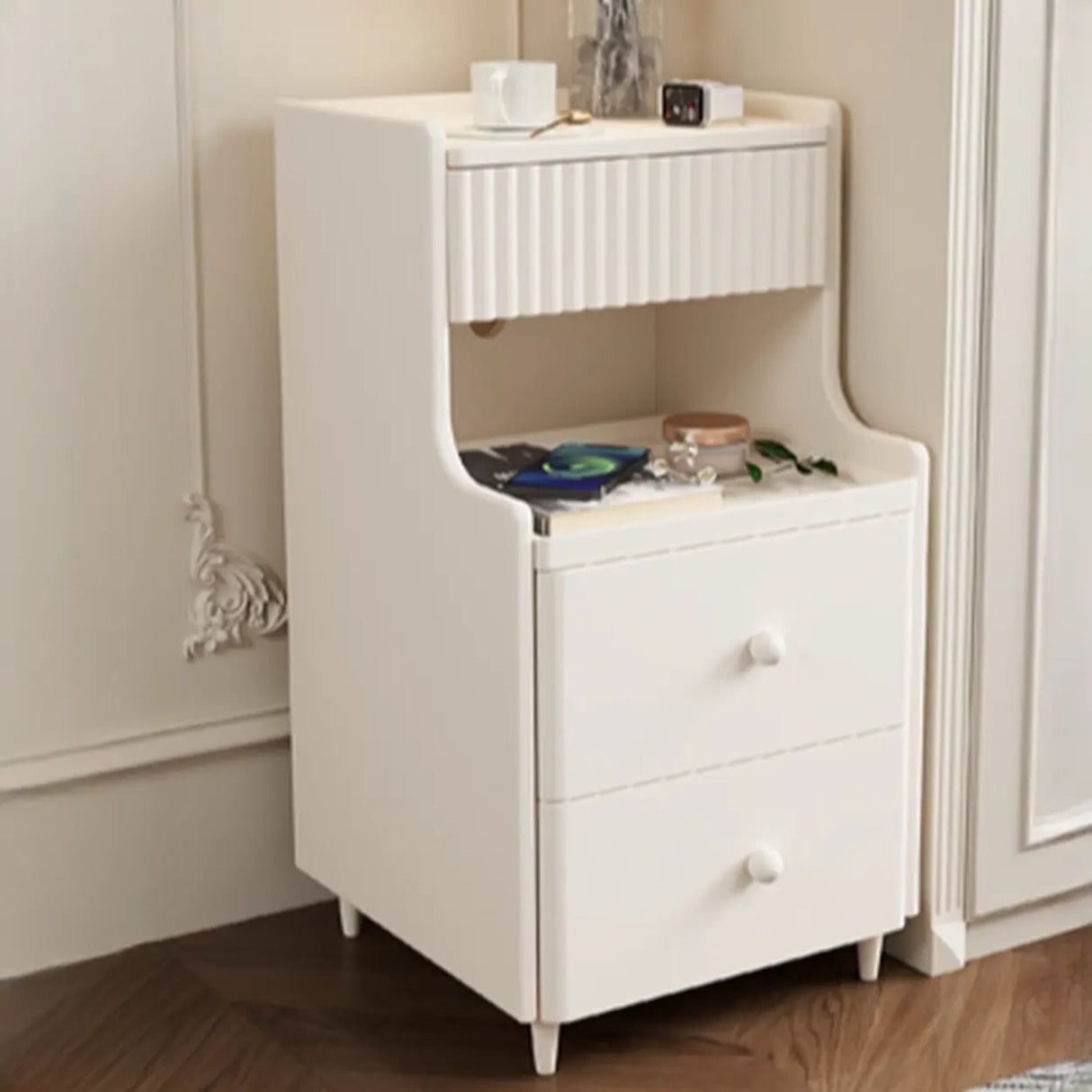 Wood Cabinets Storage Nightstand with Legs and Shelves Image - 5