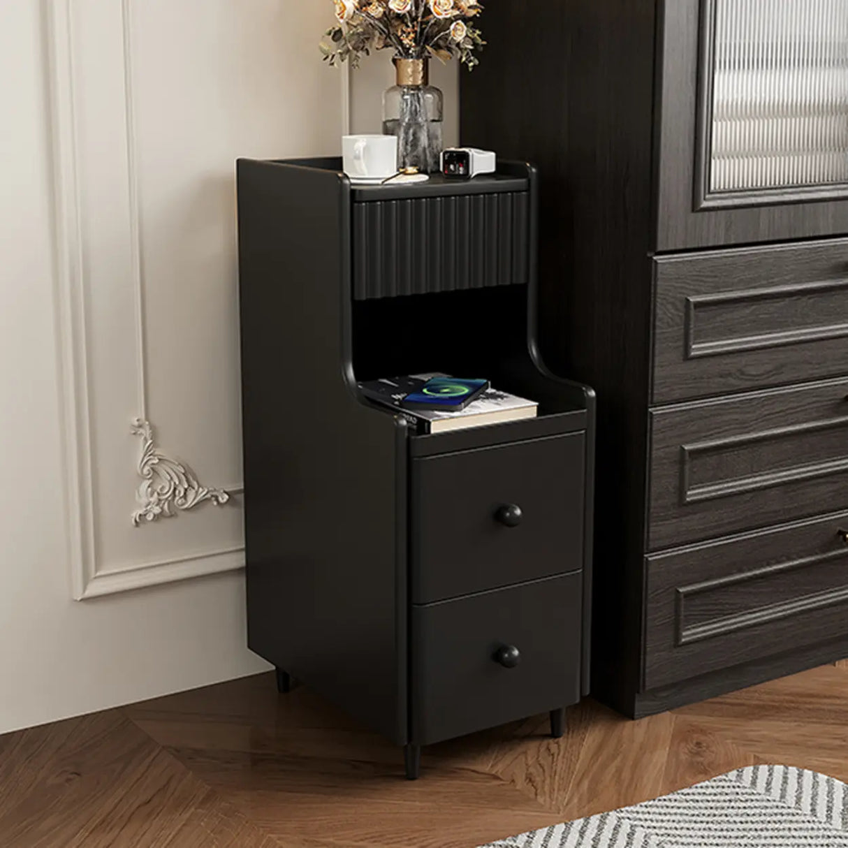 Wood Cabinets Storage Nightstand with Legs and Shelves Image - 7