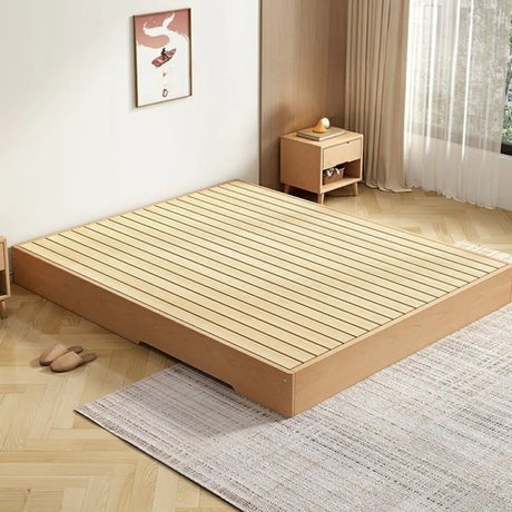 Wood Color Queen Platform Solid Wood Panel Bed Frame Image - 1