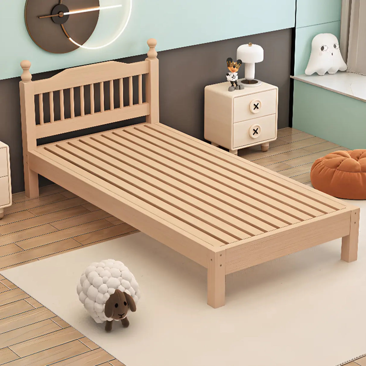 Wood Color Single Light Wood Slat Bed with Headboard Image - 11