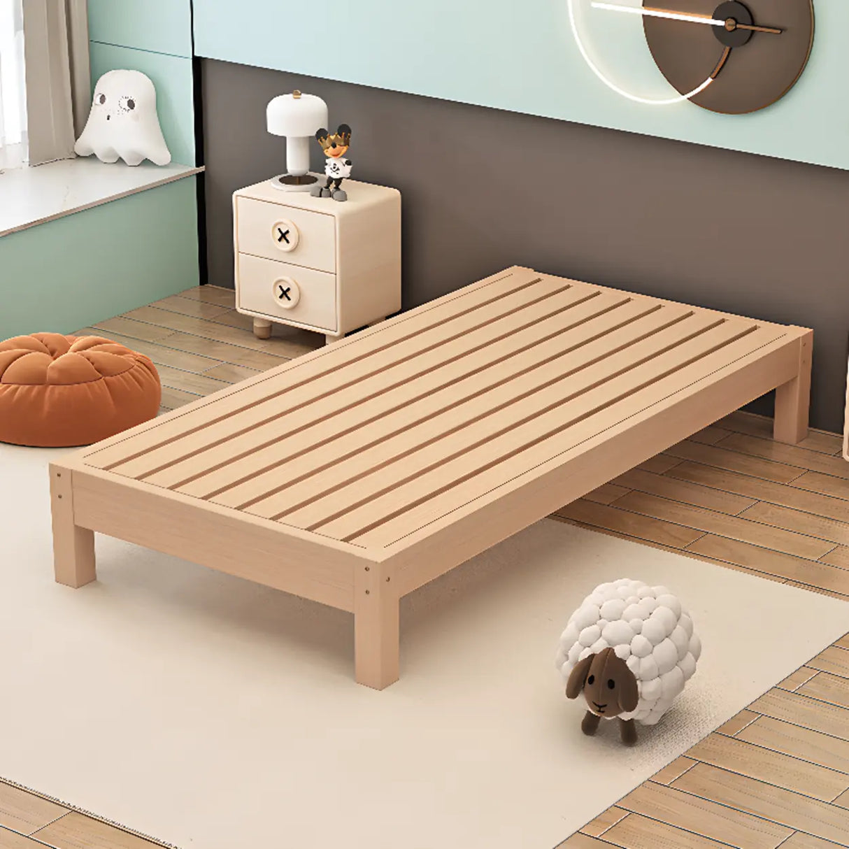 Wood Color Single Light Wood Slat Bed with Headboard Image - 2