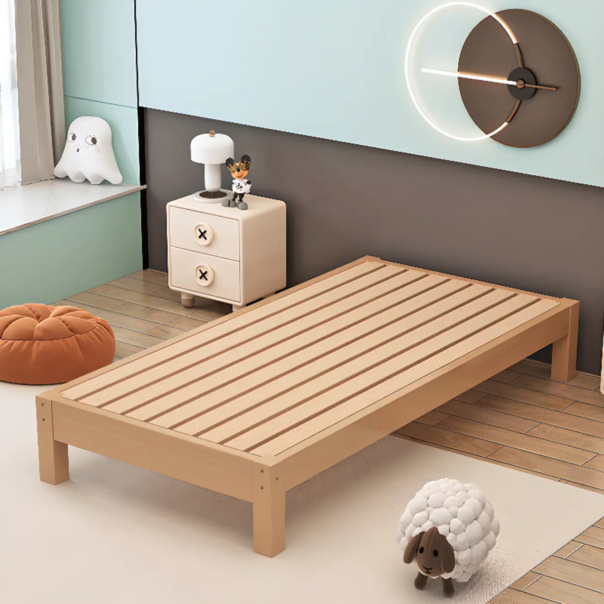 Wood Color Single Light Wood Slat Bed with Headboard Image - 3