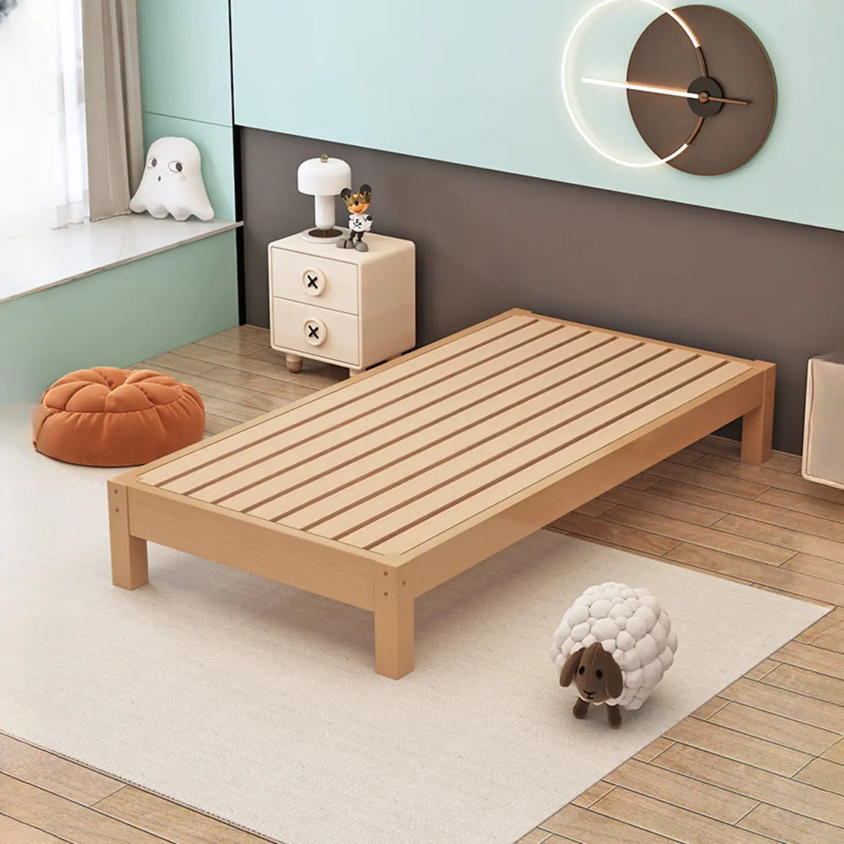 Wood Color Single Light Wood Slat Bed with Headboard Image - 4
