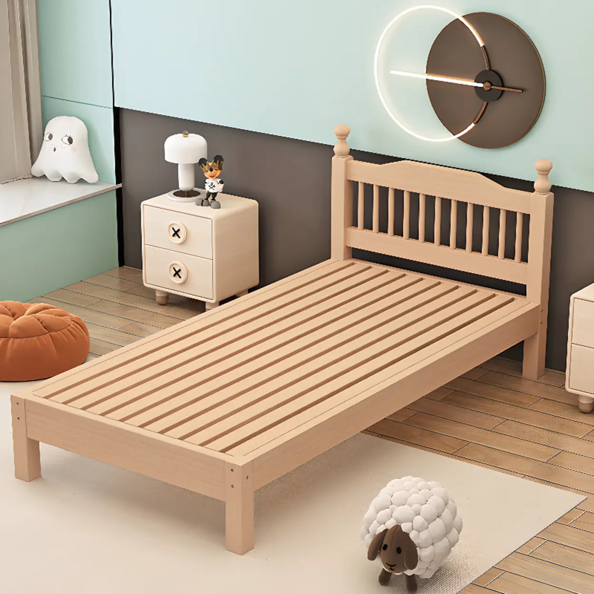 Wood Color Single Light Wood Slat Bed with Headboard Image - 5