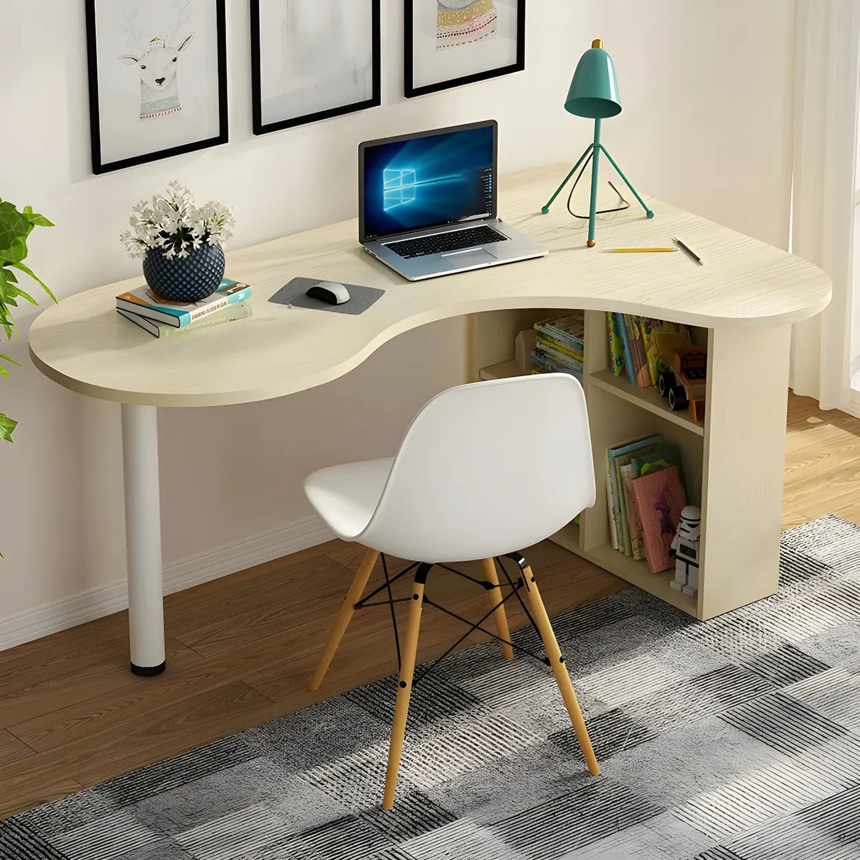 Wood Free Form Peninsula Exterior Shelf Writing Desk Image - 4