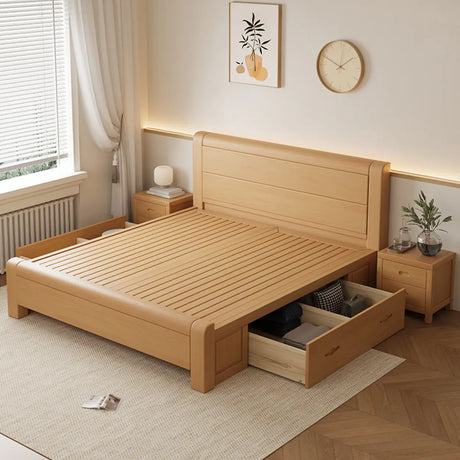 Wood Headboard Natural Queen Storage Bed with Drawers Image - 1