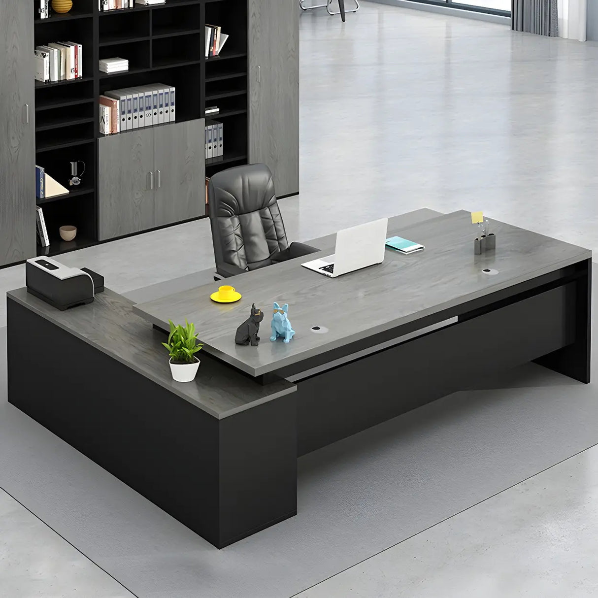 Wood L-Shape Metal Pedestal Executive Desk with Cabinet Image - 1