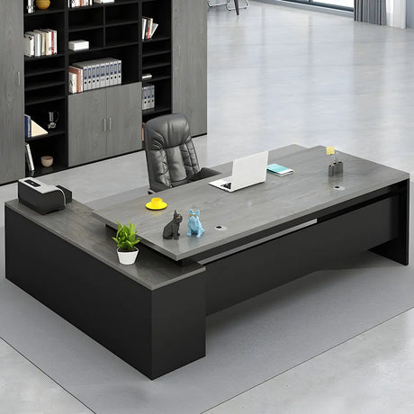 Wood L-Shape Metal Pedestal Executive Desk with Cabinet Image - 1
