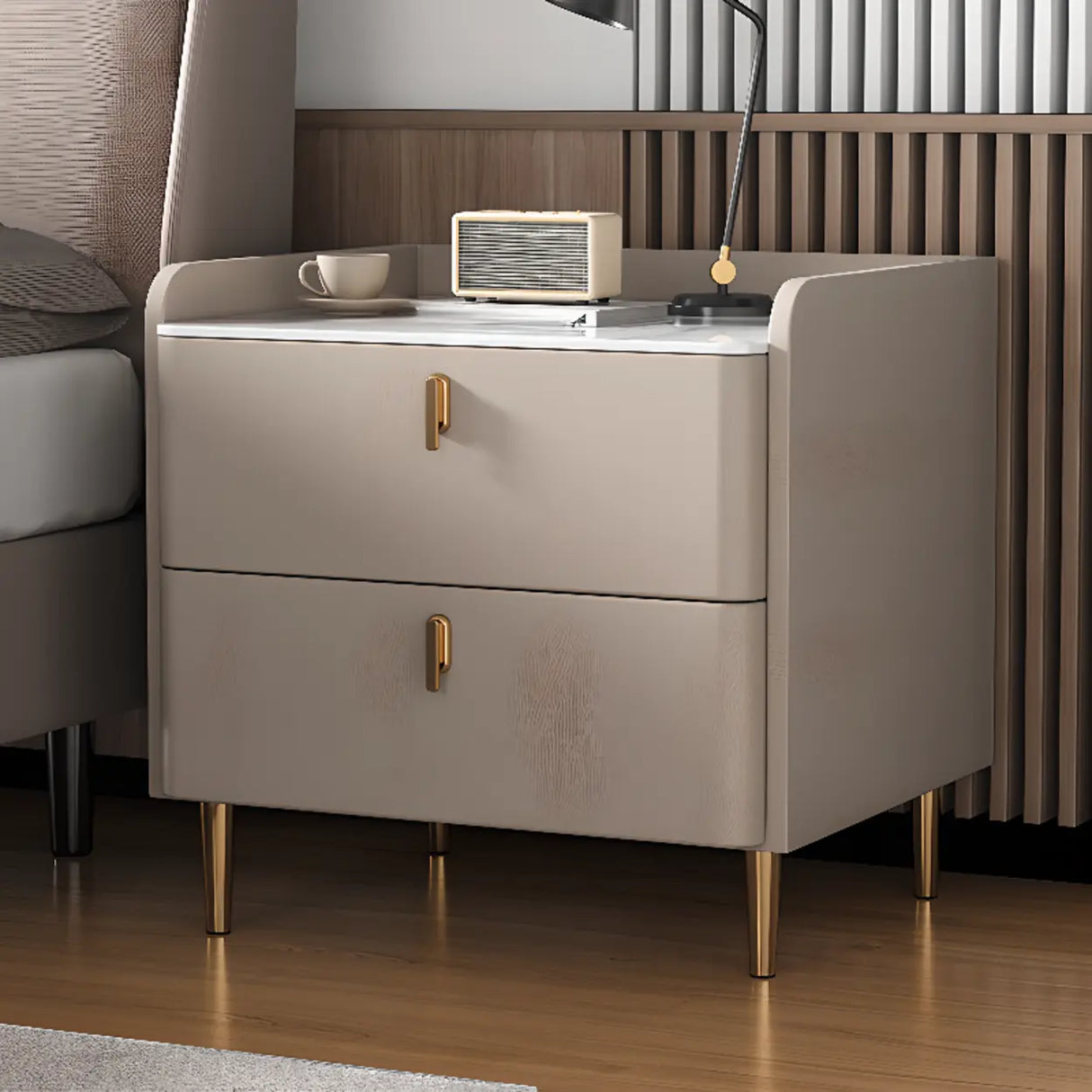 Wood Leather Short Height Two-Drawer Nightstand for Kid Image - 1