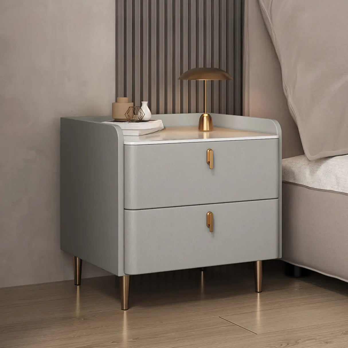 Wood Leather Short Height Two-Drawer Nightstand for Kid Image - 4