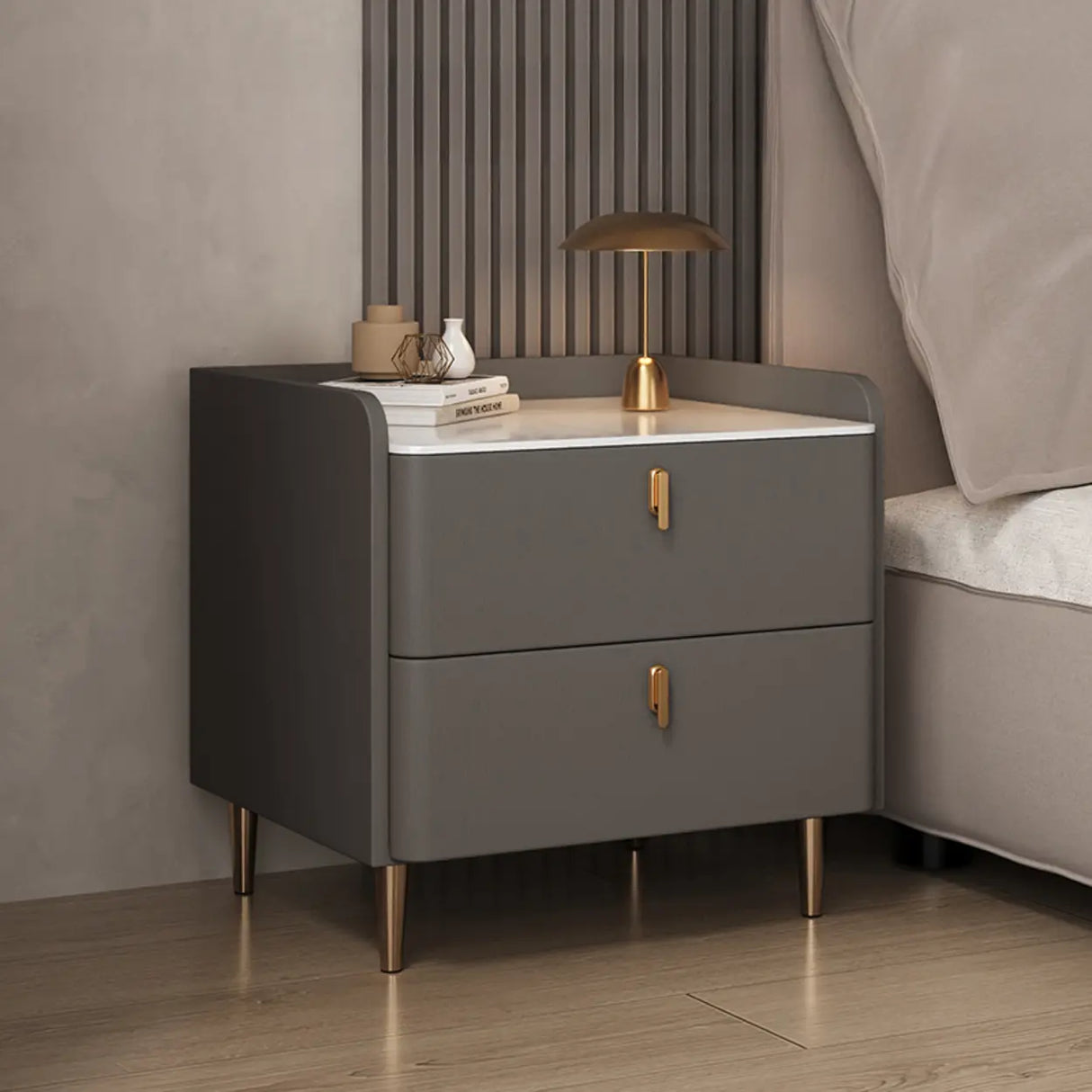 Wood Leather Short Height Two-Drawer Nightstand for Kid Image - 5