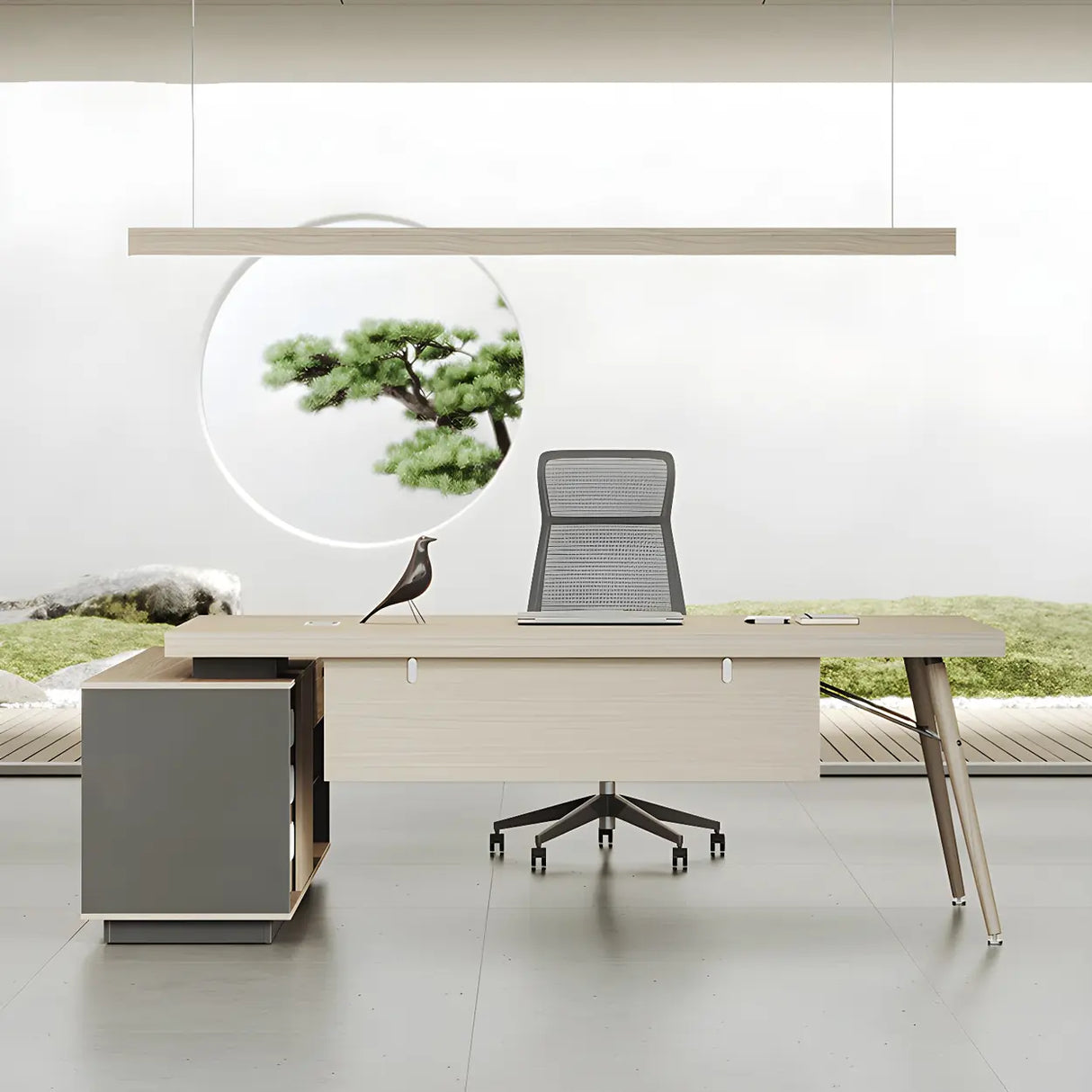 Wood Long L-Shape Reception Desk with Locking Cabinets Image - 1