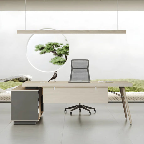 Wood Long L-Shape Reception Desk with Locking Cabinets Image - 1