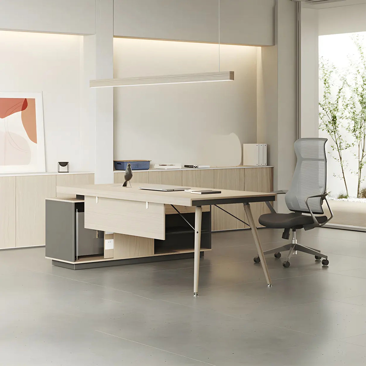 Wood Long L-Shape Reception Desk with Locking Cabinets Image - 12