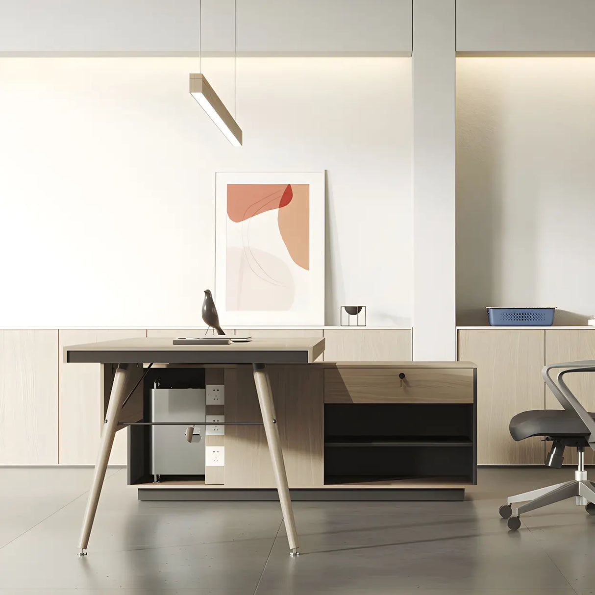 Wood Long L-Shape Reception Desk with Locking Cabinets Image - 13