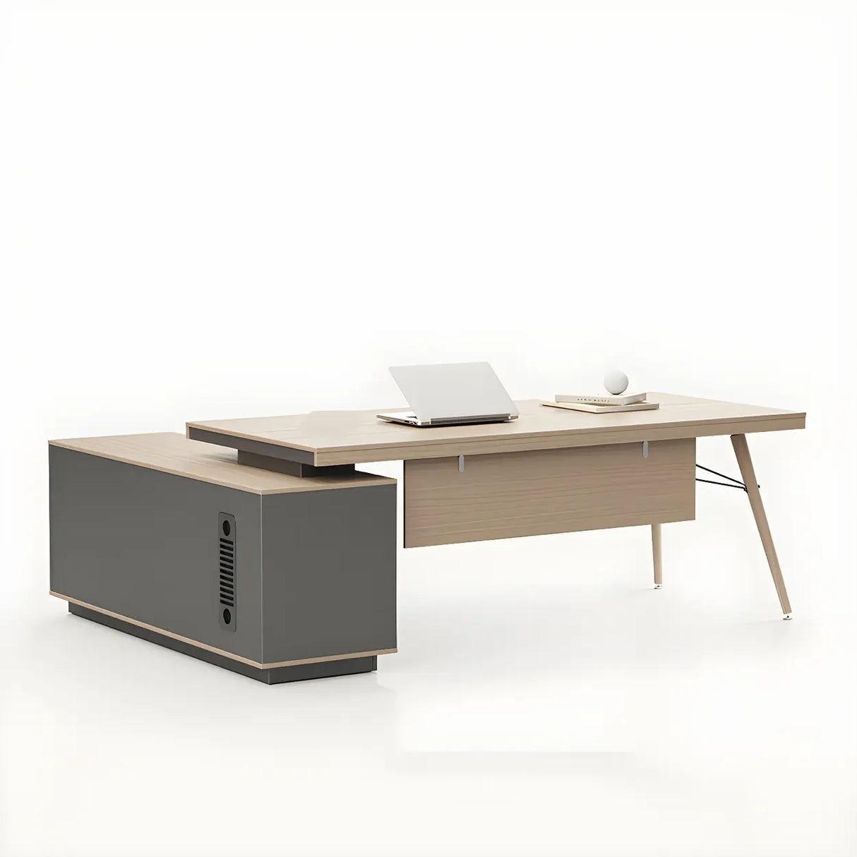 Wood Long L-Shape Reception Desk with Locking Cabinets Image - 2