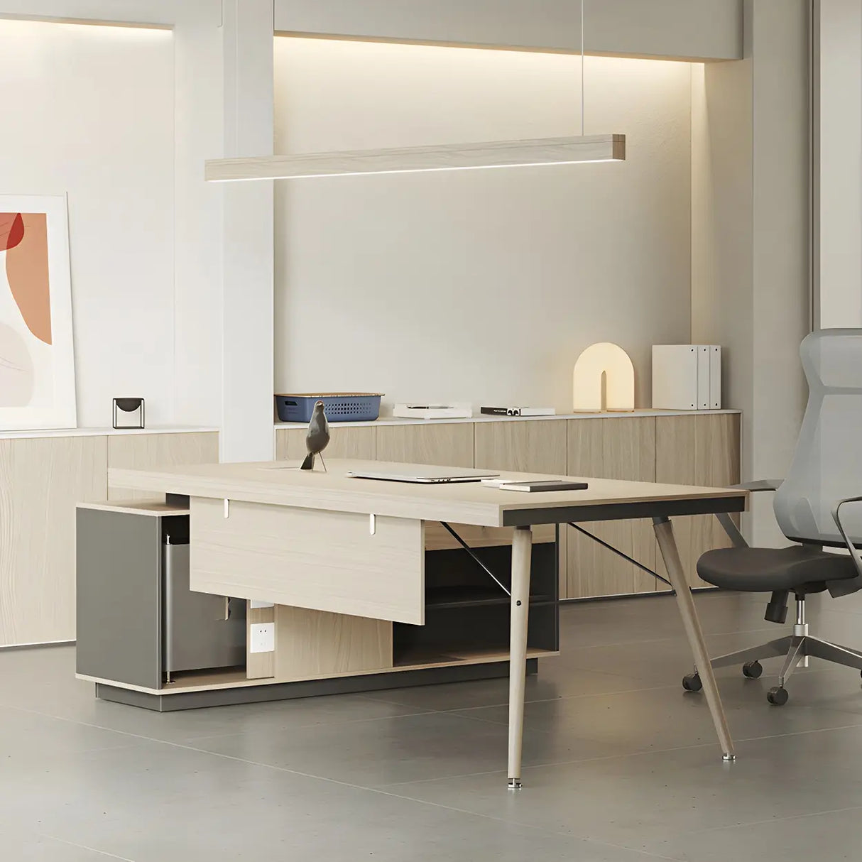 Wood Long L-Shape Reception Desk with Locking Cabinets Image - 3