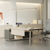 Wood Long L-Shape Reception Desk with Locking Cabinets Image - 3