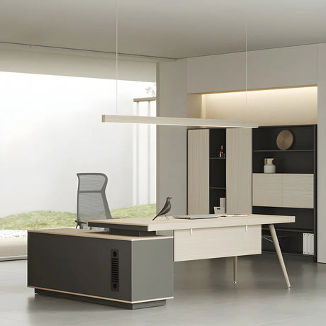 Wood Long L-Shape Reception Desk with Locking Cabinets Image - 4