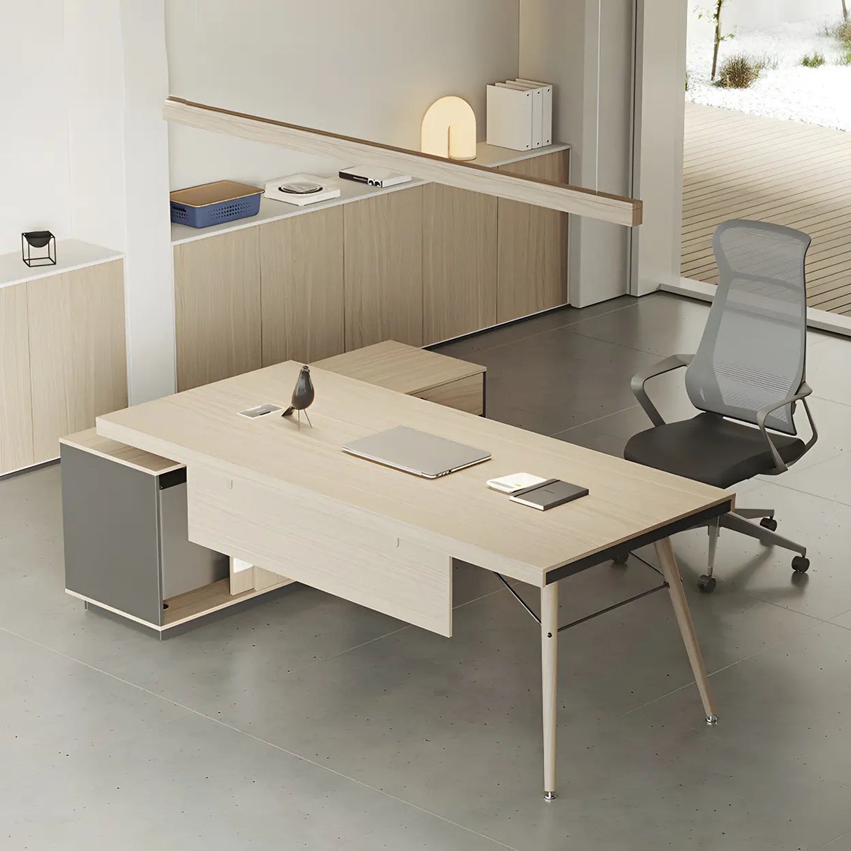 Wood Long L-Shape Reception Desk with Locking Cabinets Image - 5
