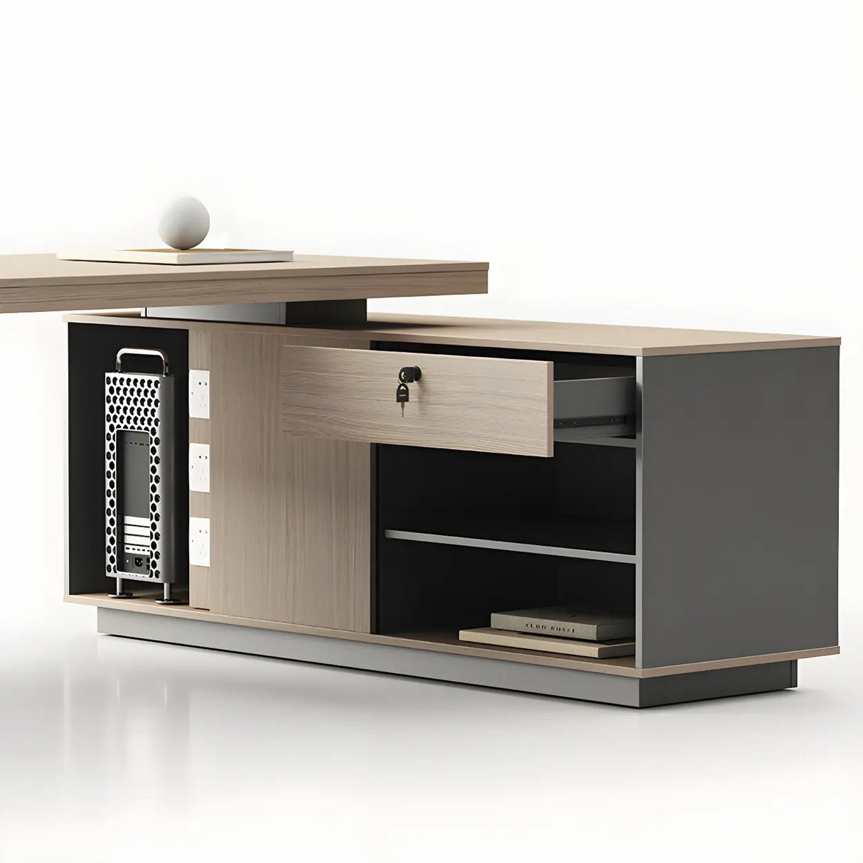 Wood Long L-Shape Reception Desk with Locking Cabinets Image - 9