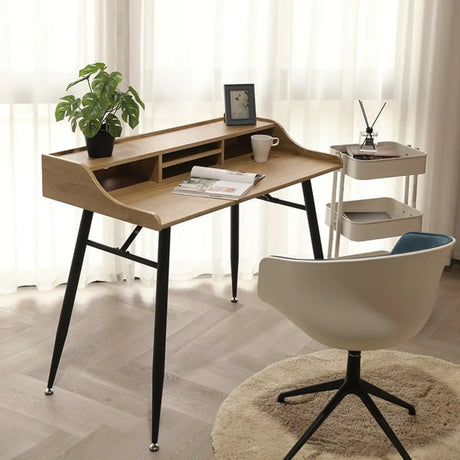 Wood Natural Finish Monitor Stand H-Shape Writing Desk Image - 1