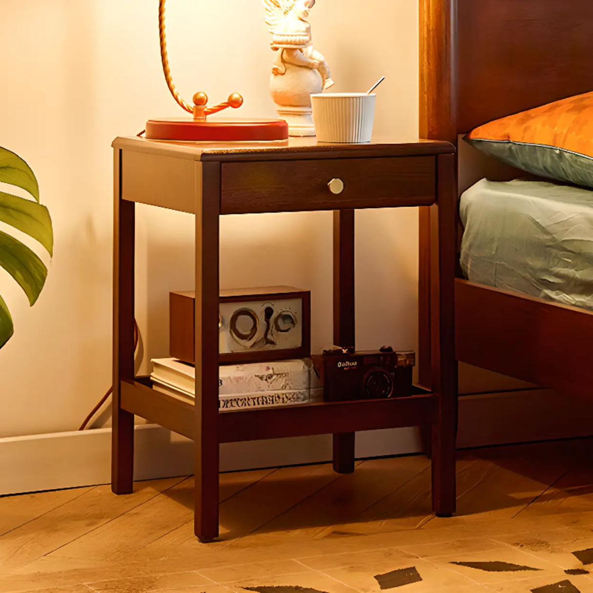 Wood Open Storage and Back Nightstand with Shelf Image - 6