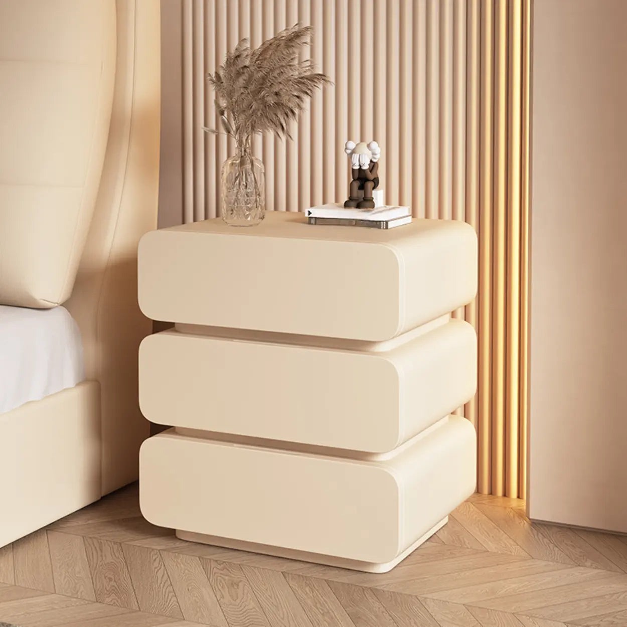 Wood Rectangular Leather Beige 3-Drawer Nightstand Image - 2