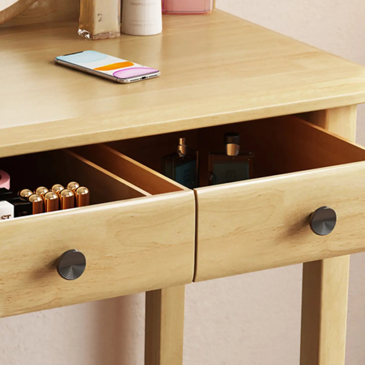 Wood Rectangular Natural Storage Mirror Kids Vanity Image - 12