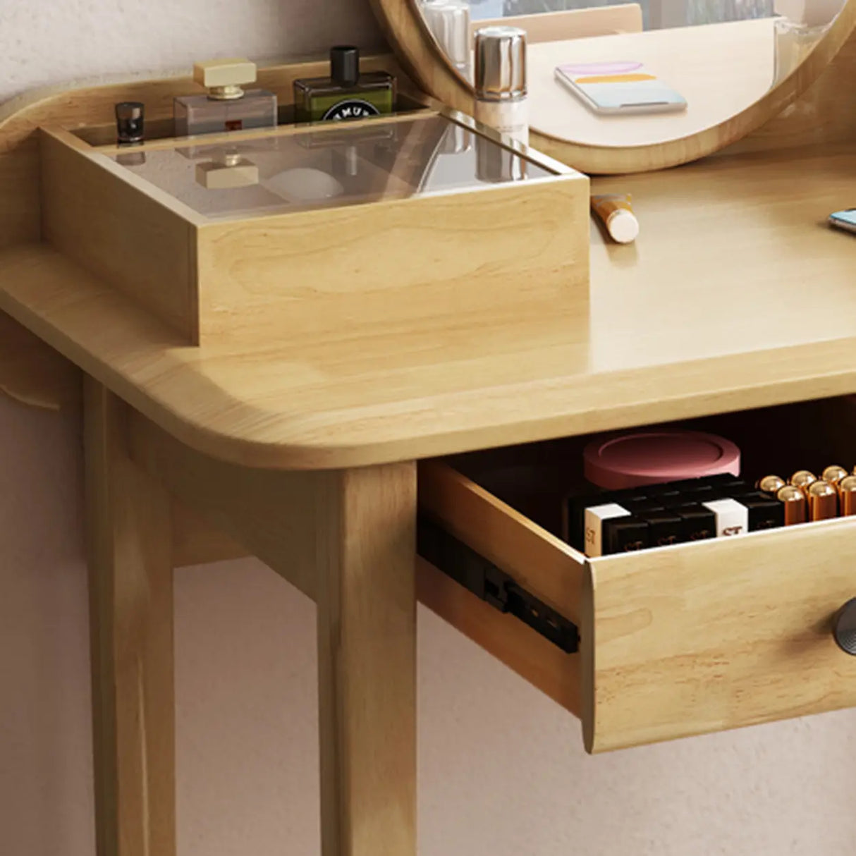 Wood Rectangular Natural Storage Mirror Kids Vanity Image - 13