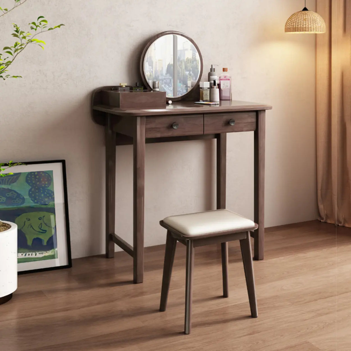 Wood Rectangular Natural Storage Mirror Kids Vanity Image - 4