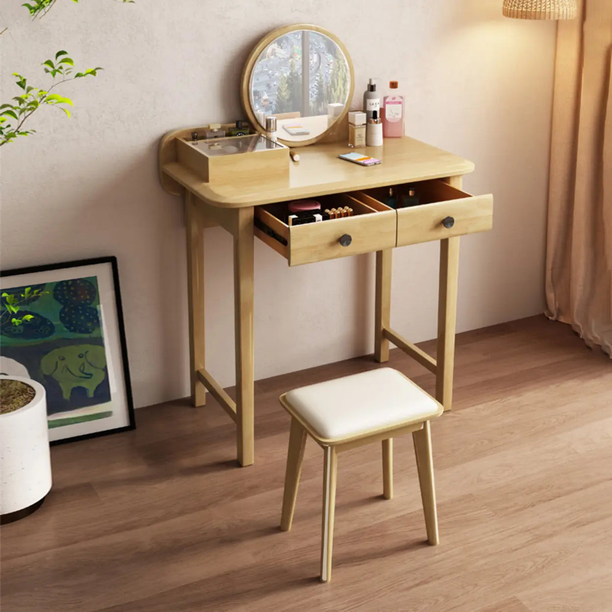 Wood Rectangular Natural Storage Mirror Kids Vanity Image - 6