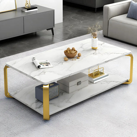 Wood Rectangular Steel Frame Coffee Table with Shelves Image - 1