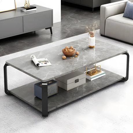 Wood Rectangular Steel Frame Coffee Table with Shelves Image - 2