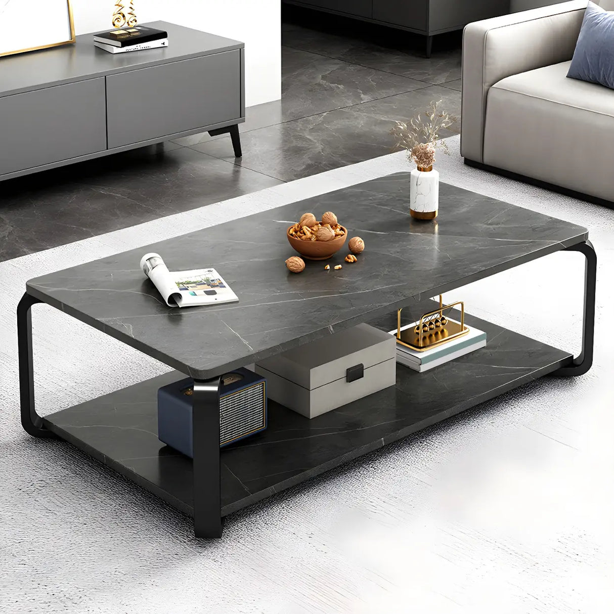 Wood Rectangular Steel Frame Coffee Table with Shelves Image - 3