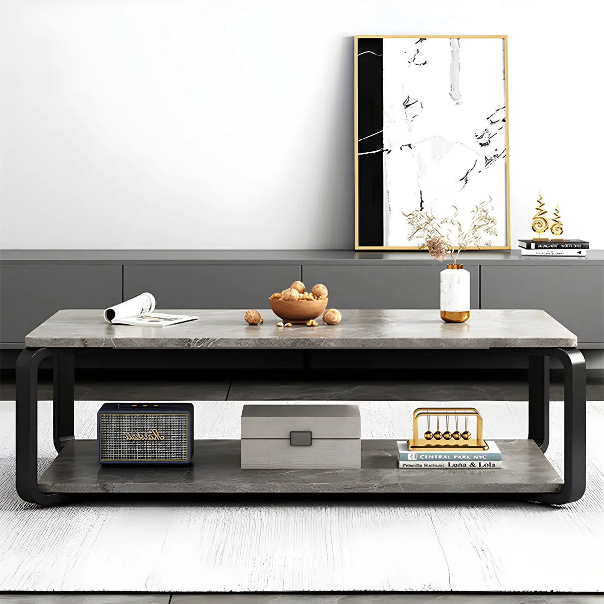 Wood Rectangular Steel Frame Coffee Table with Shelves Image - 4