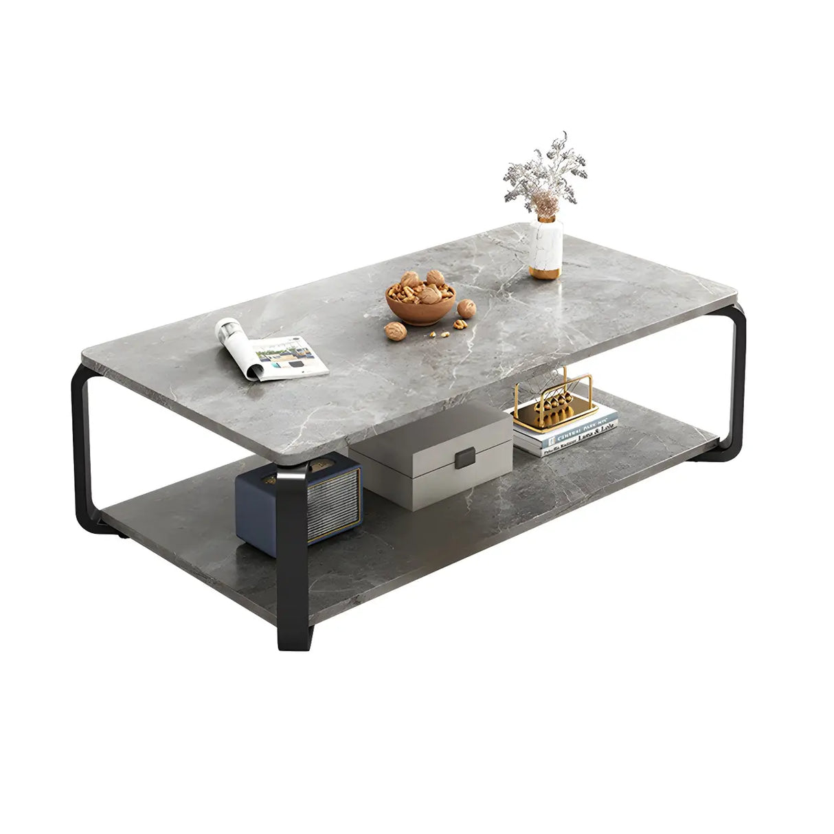 Wood Rectangular Steel Frame Coffee Table with Shelves Image - 5