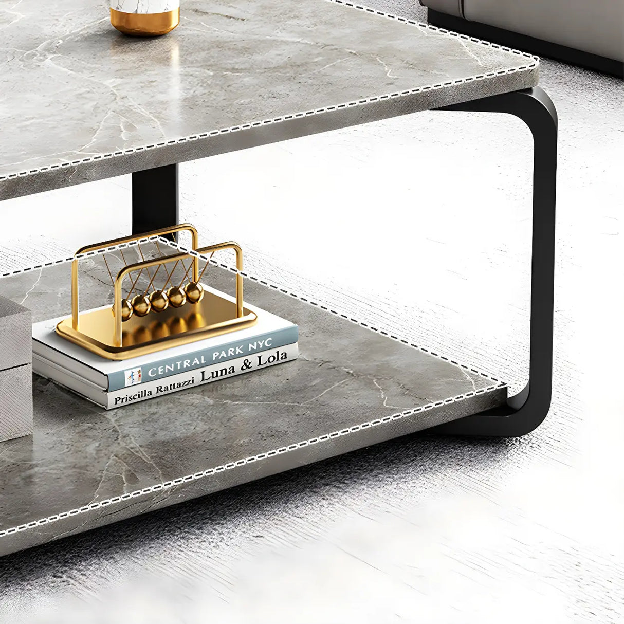Wood Rectangular Steel Frame Coffee Table with Shelves Image - 8