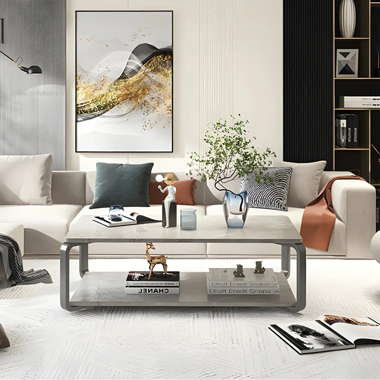 Wood Rectangular Steel Frame Coffee Table with Shelves Image - 9