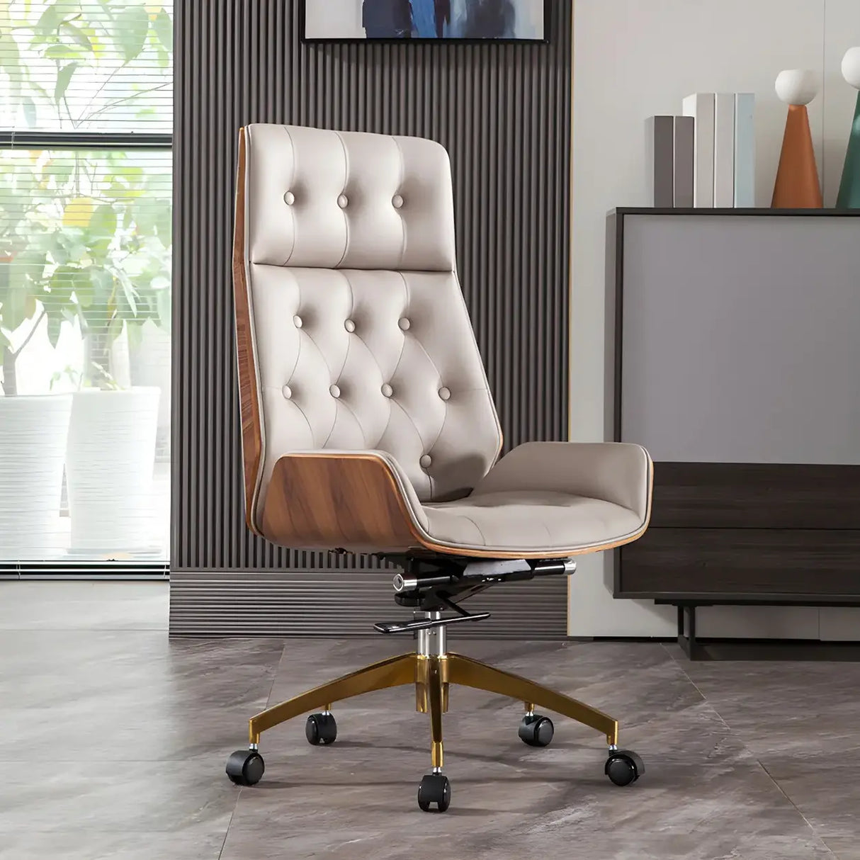 Wood Shell High Back Leather Upholstered Swivel Office Chair Image - 1
