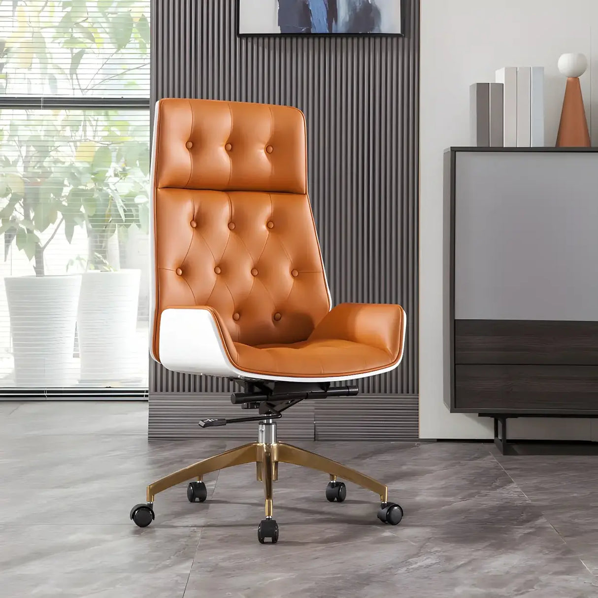 Wood Shell High Back Leather Upholstered Swivel Office Chair Image - 15
