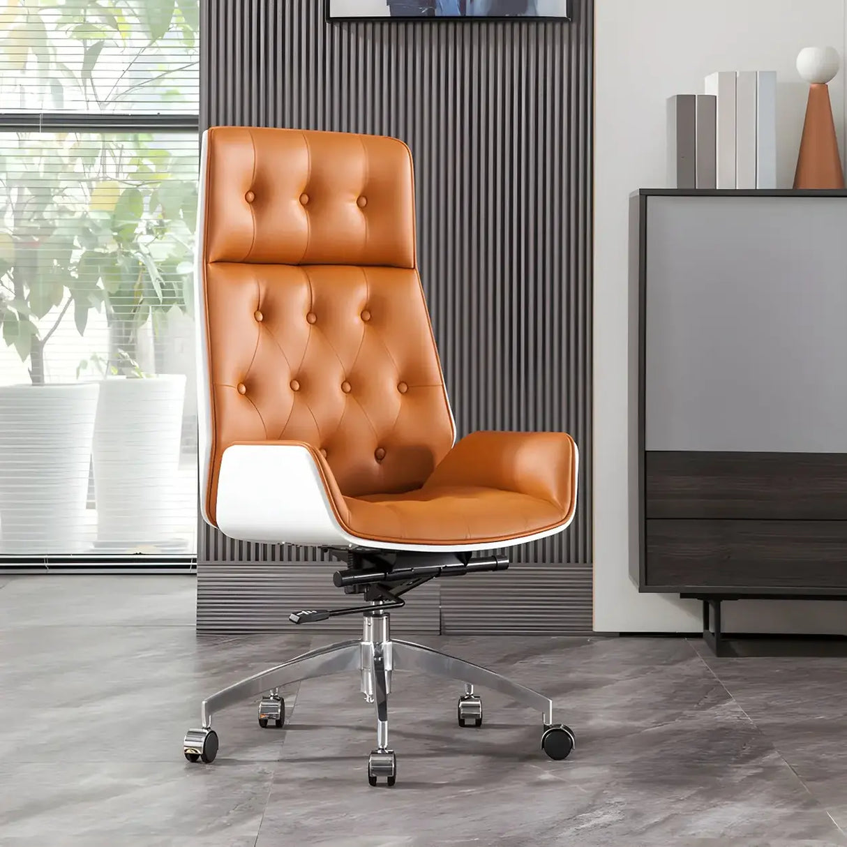 Wood Shell High Back Leather Upholstered Swivel Office Chair Image - 3