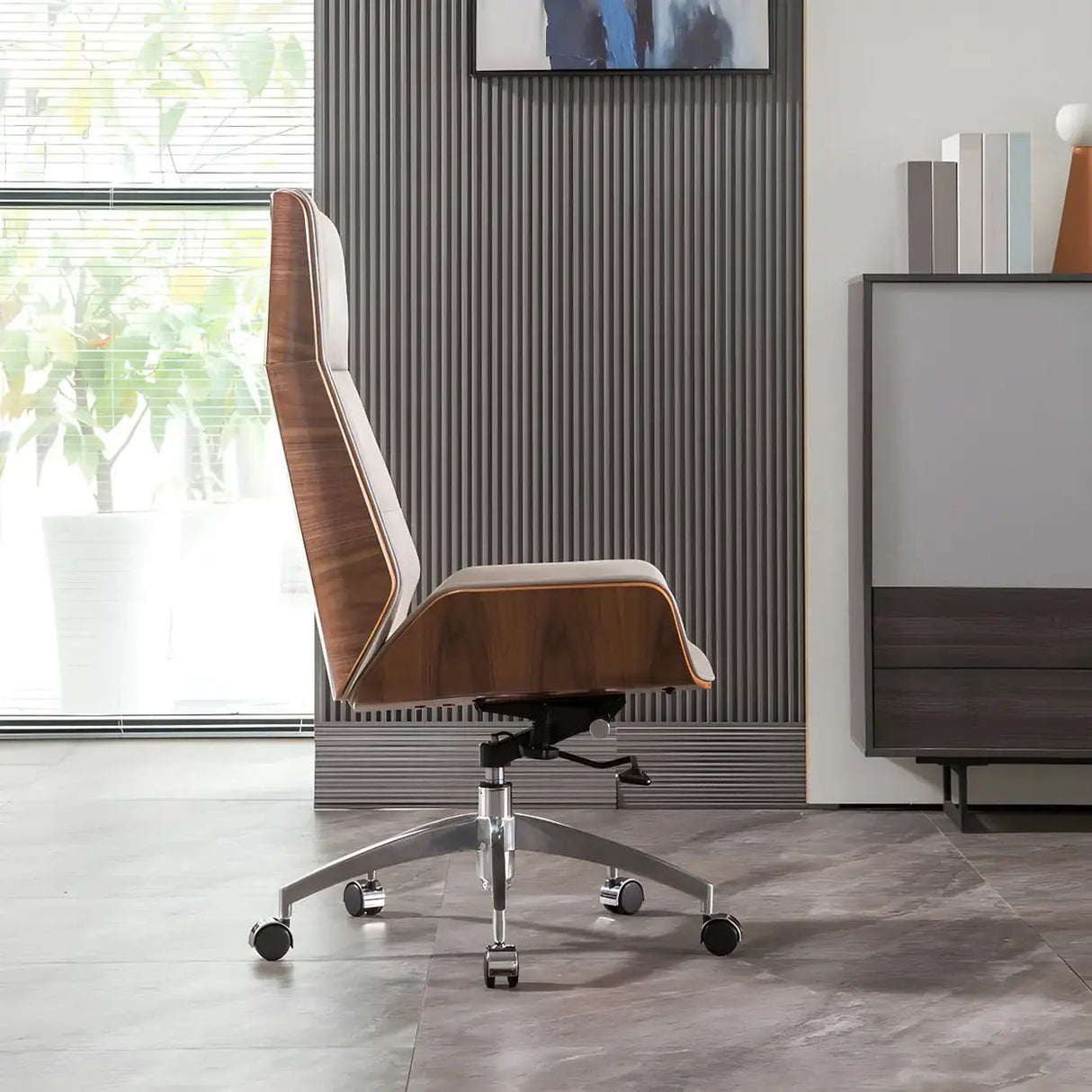 Wood Shell High Back Leather Upholstered Swivel Office Chair Image - 6
